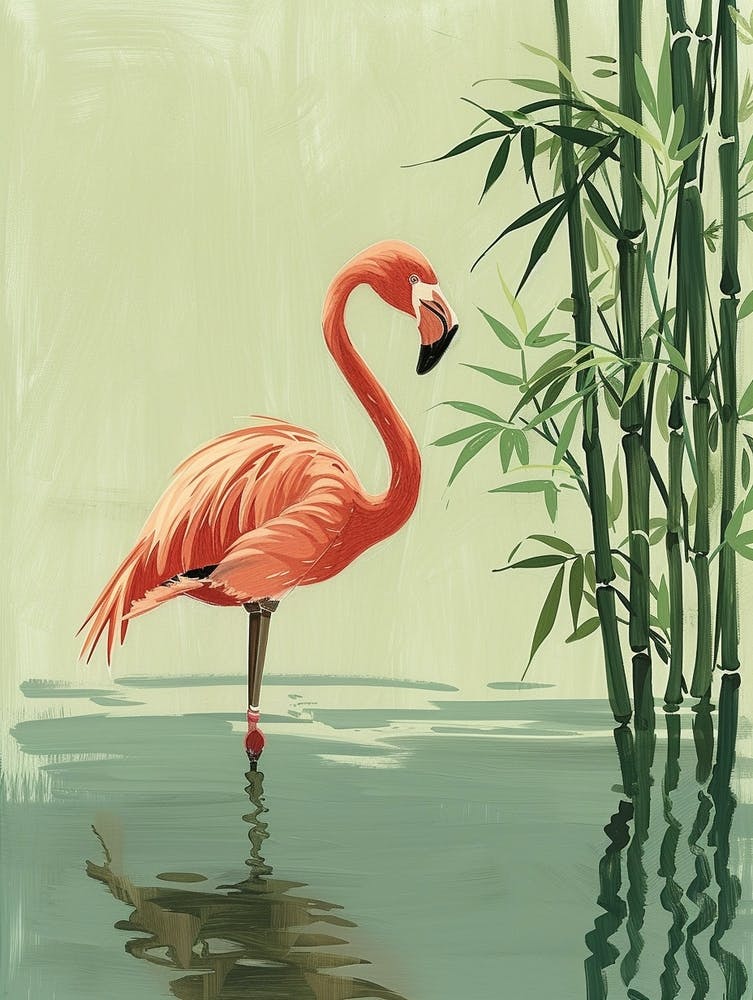 American Flamingo And Bamboo Minimalist Illustration 1
