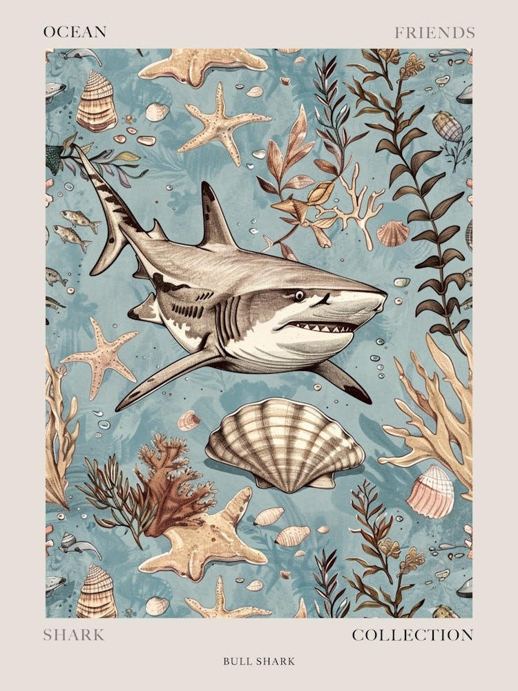 Pastel Blue Bull Shark Watercolour Seascape Pattern 1 Poster