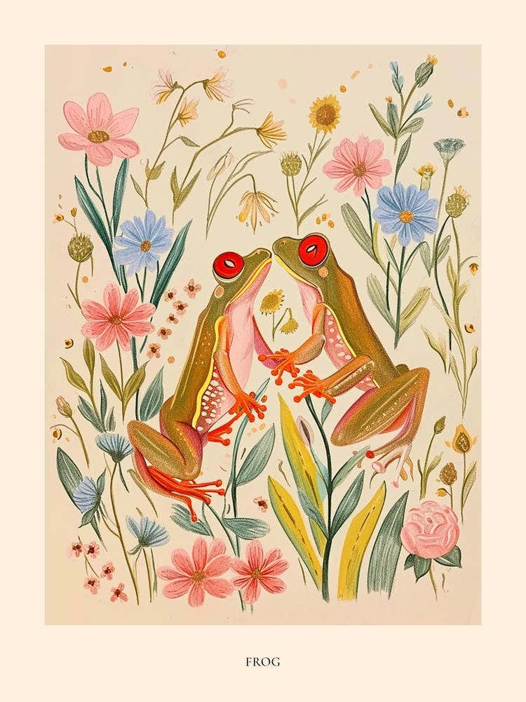 Folksy Floral Animal Drawing Frog 5 Poster