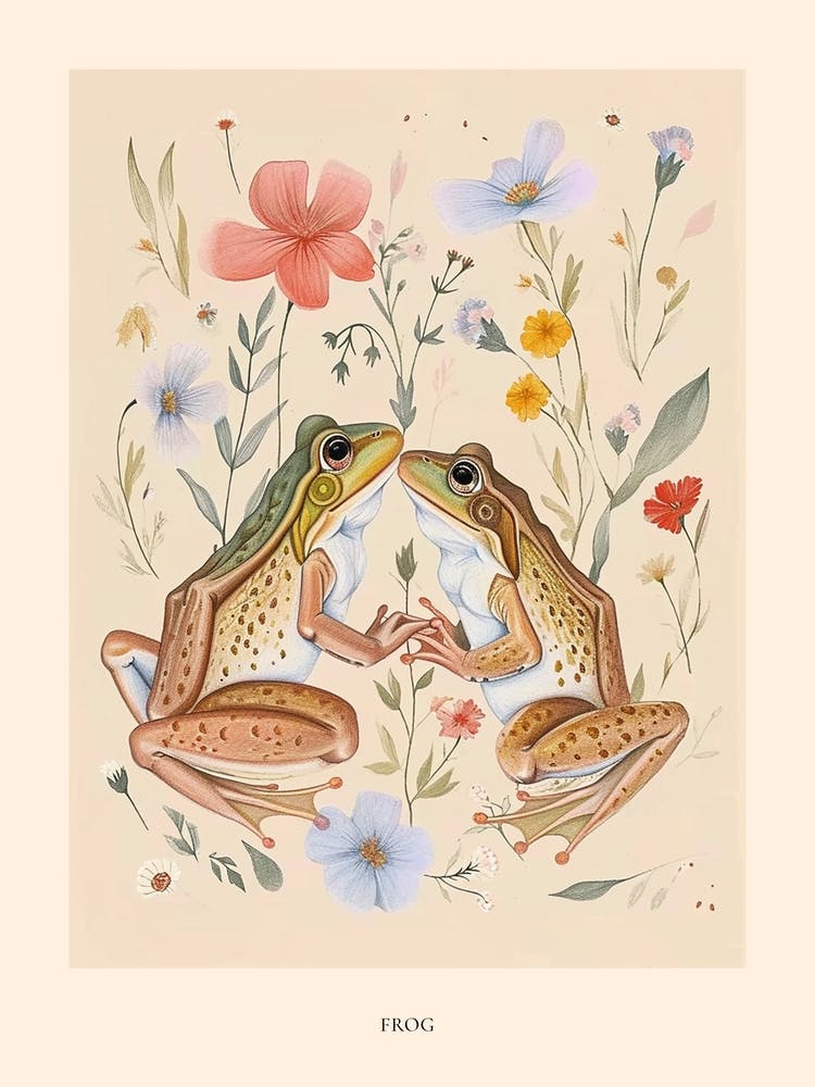 Folksy Floral Animal Drawing Frog 6 Poster