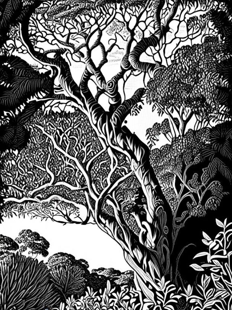 Atherton Tableland S Curtain Fig Tree, 1, Australia Linocut Black And White Vintage