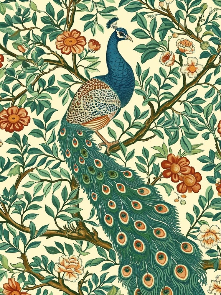 Turquoise Peacock Vintage Wallpaper With Leaves