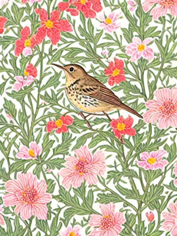 Hermit Thrush 2 William Morris Style Bird