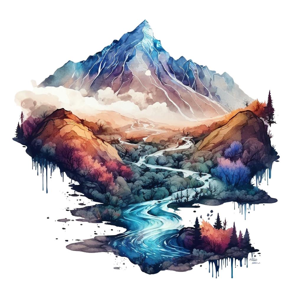 Watercolor Mountains And River 3