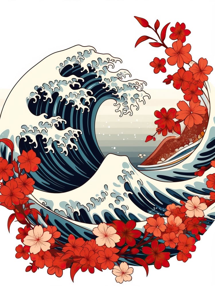 Great Wave With Poinsettia Flower Drawing In The Style Of Ukiyo E 2