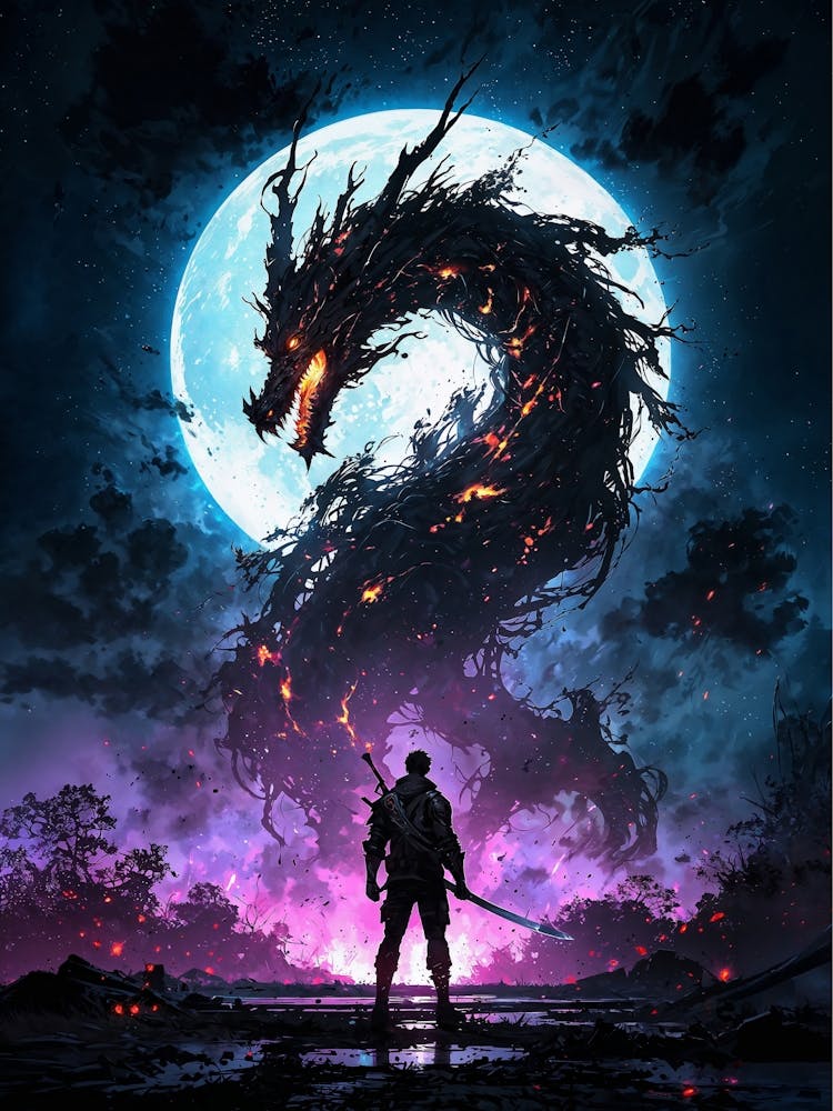 Epic Fire Dragon and Samurai Warrior Battle: A lone warrior stands facing a massive, fiery dragon silhouetted against a full moon. The dragon is composed of dark, twisted branches, with glowing embers and flames erupting from its body. The warrior is silh