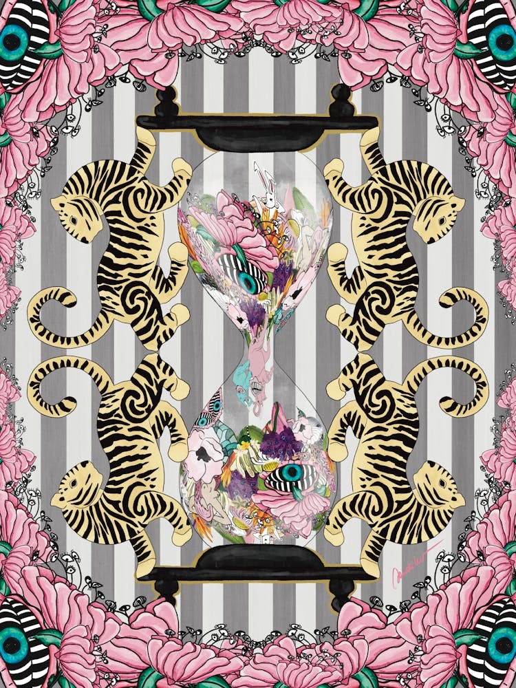 Repeat The Life - the life in a hourglass surrounded by tigers and pink eye-flowers
