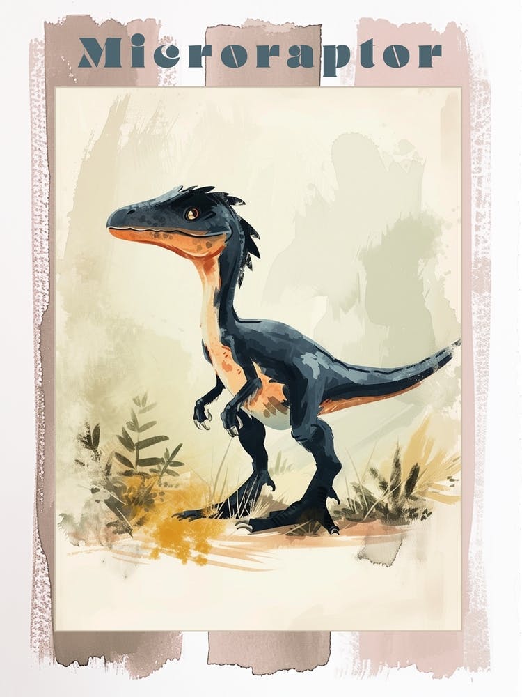 Cartoon Microraptor Dinosaur Watercolour 2 Poster
