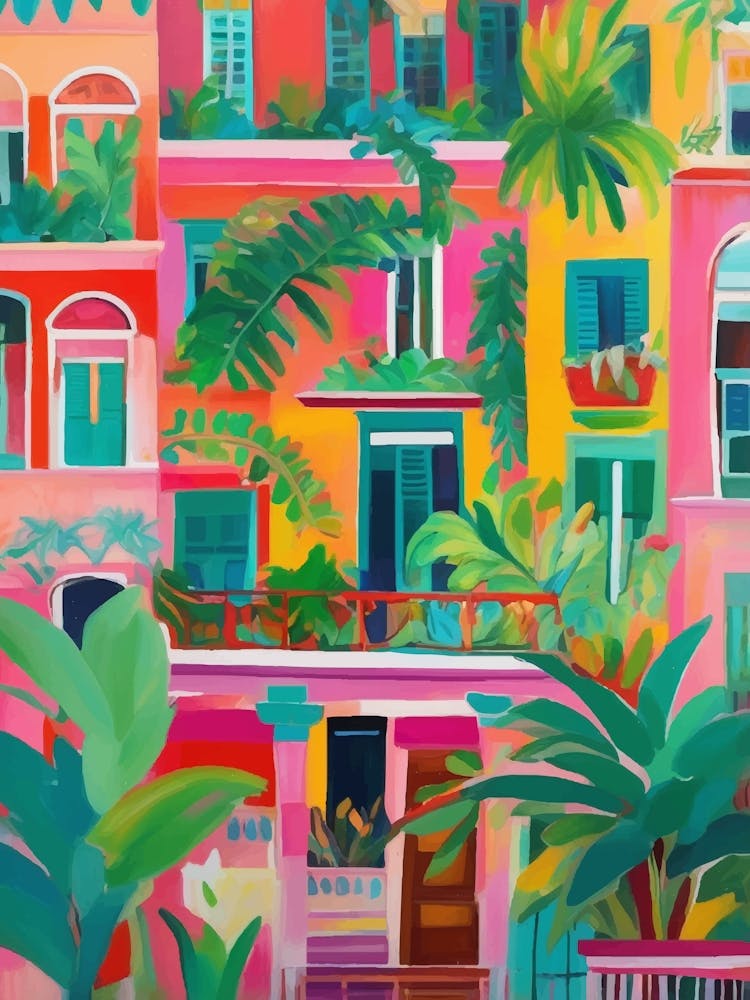 Colorful building and tropical plants