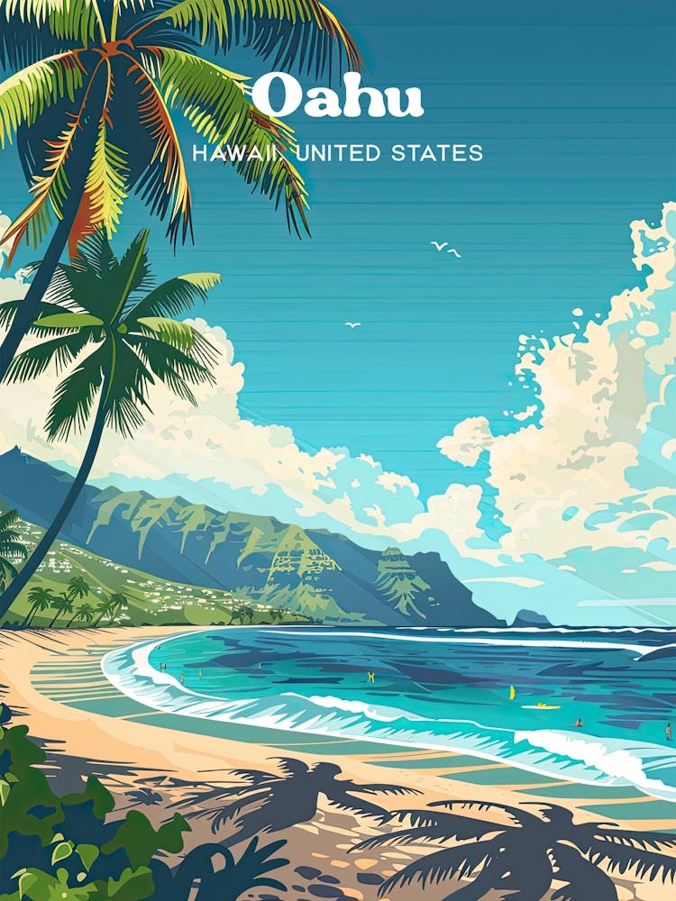 Oahu Hawaii Beach Digital Travel Illustration
