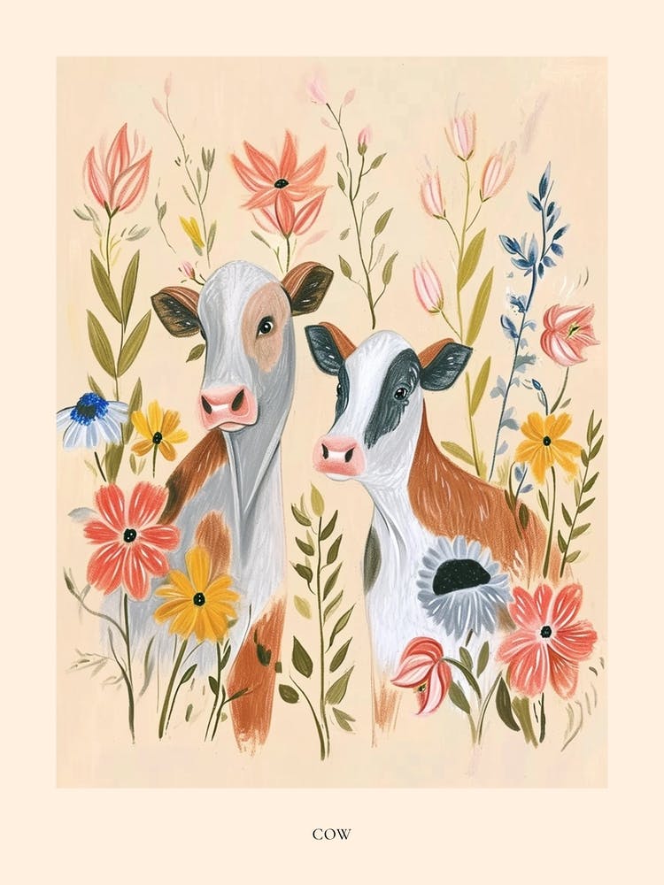 Folksy Floral Animal Drawing Cow 4 Poster