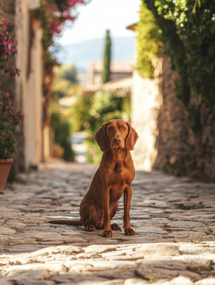 Dog Sitting On Cobblestone Street. Generated AI.
