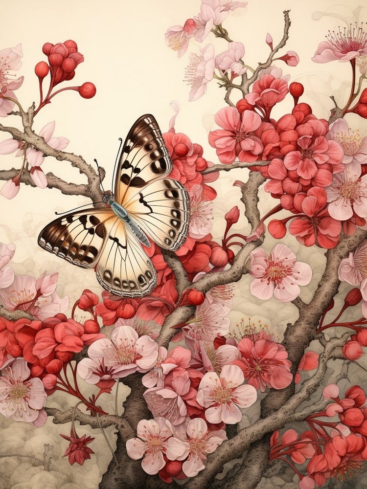 Cherry Blossom Butterfly Japanese Style Painting 1