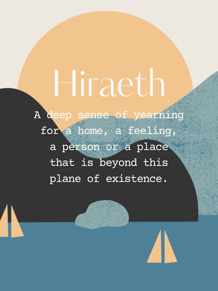 Welsh Hiraeth Quote Sea, Sun and Boats, Blue and Neuteal