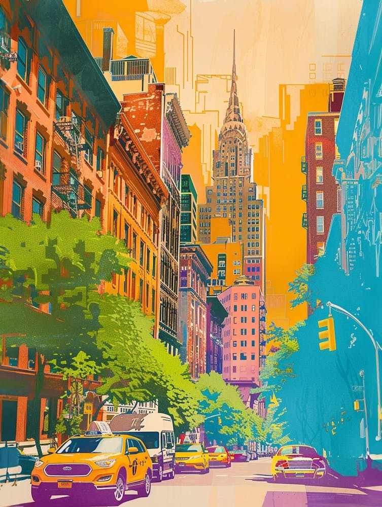 Upper East Side New York Bunte Siebdruck-Illustration 2
