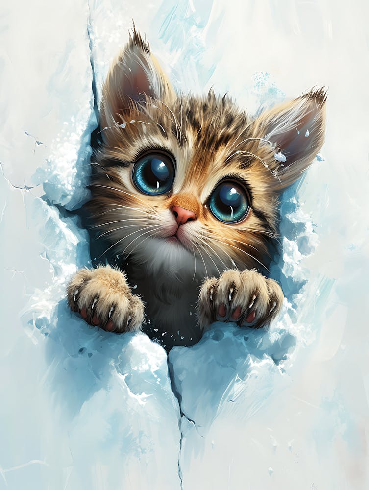 Cute Kitten Cat Peeking From Snow