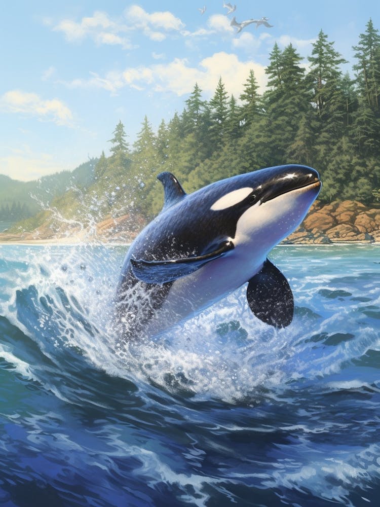 Realistische Orca-Wal-Illustration, die durch Wellen spritzt