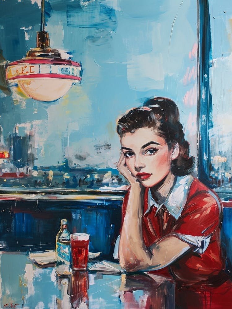 American Diner Retro Woman Portrait Red & Blue