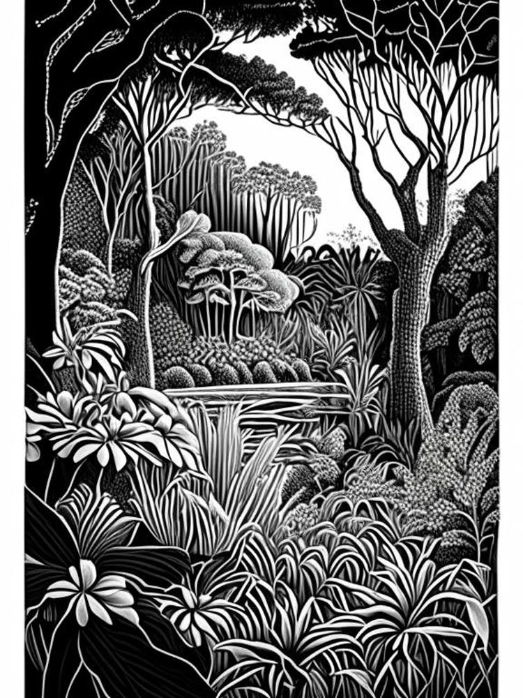 The Royal Botanic Garden, Cranbourne, Australia Linocut Black And White Vintage