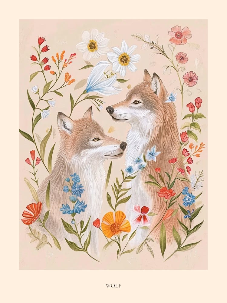 Folksy Floral Animal Drawing Wolf 3 Poster
