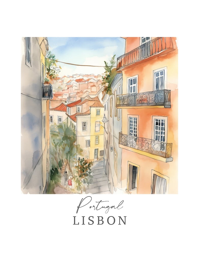 Portugal Lisbon Storybook 1 Travel Poster Watercolour