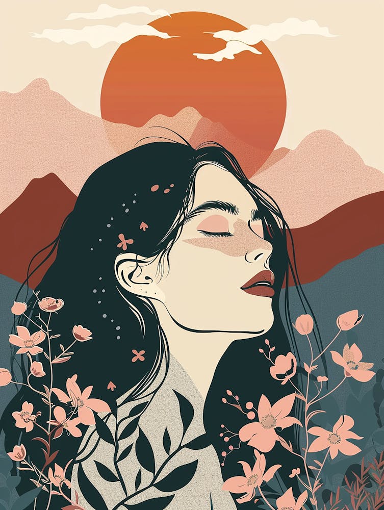 Girl With Flowers And Sunset