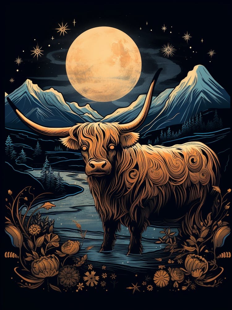 Digital Illustration Of Highland Cow At Night 2