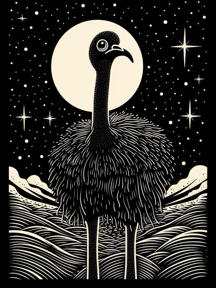 B&W Bird Linocut Ostrich 1