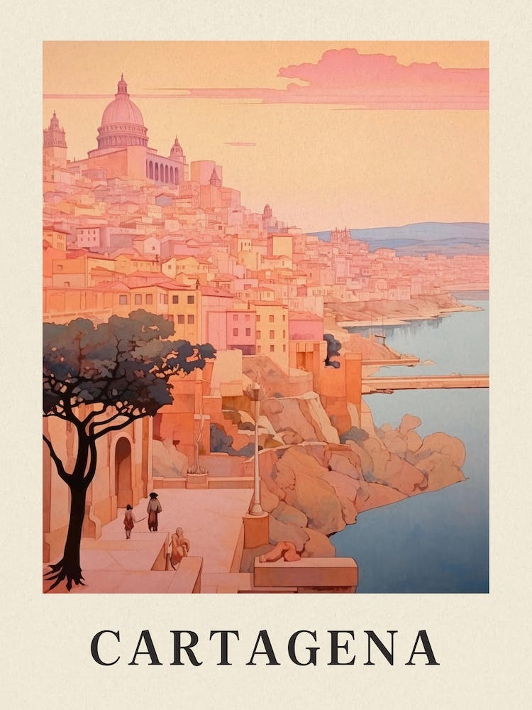 Cartagena Spain 1 Vintage Pink Travel Illustration Poster