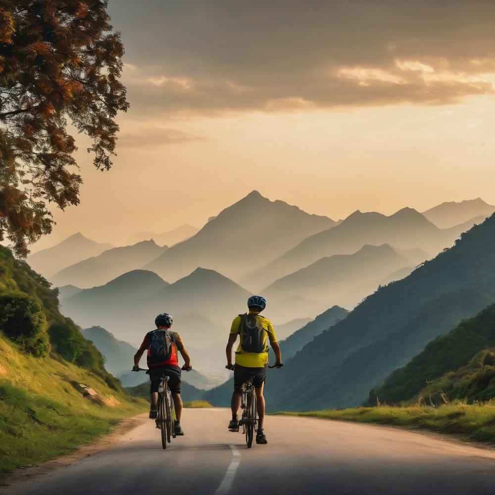 Zwei Radfahrer Freunde auf Bergstraße.