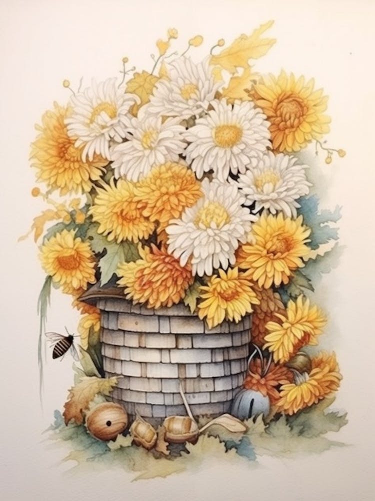 Beehive With Chrysanthemums Watercolour Illustration 3