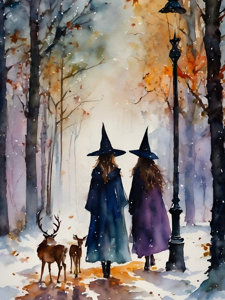 Dear Friends - Witch Best Friends on New Years Day, Witchy Winter Snowing Scene in Deer Woods, Pagan Fairytale Watercolor Art by Lyra The Lavender Witch, Wicca, Witchcraft Spells Magick Beautiful Forest
