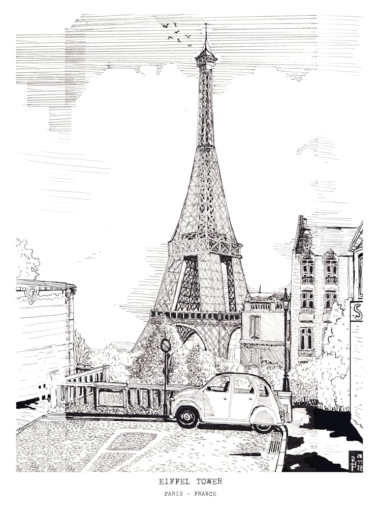 Paris Eiffel Tower Pen and Ink Cityscape Art