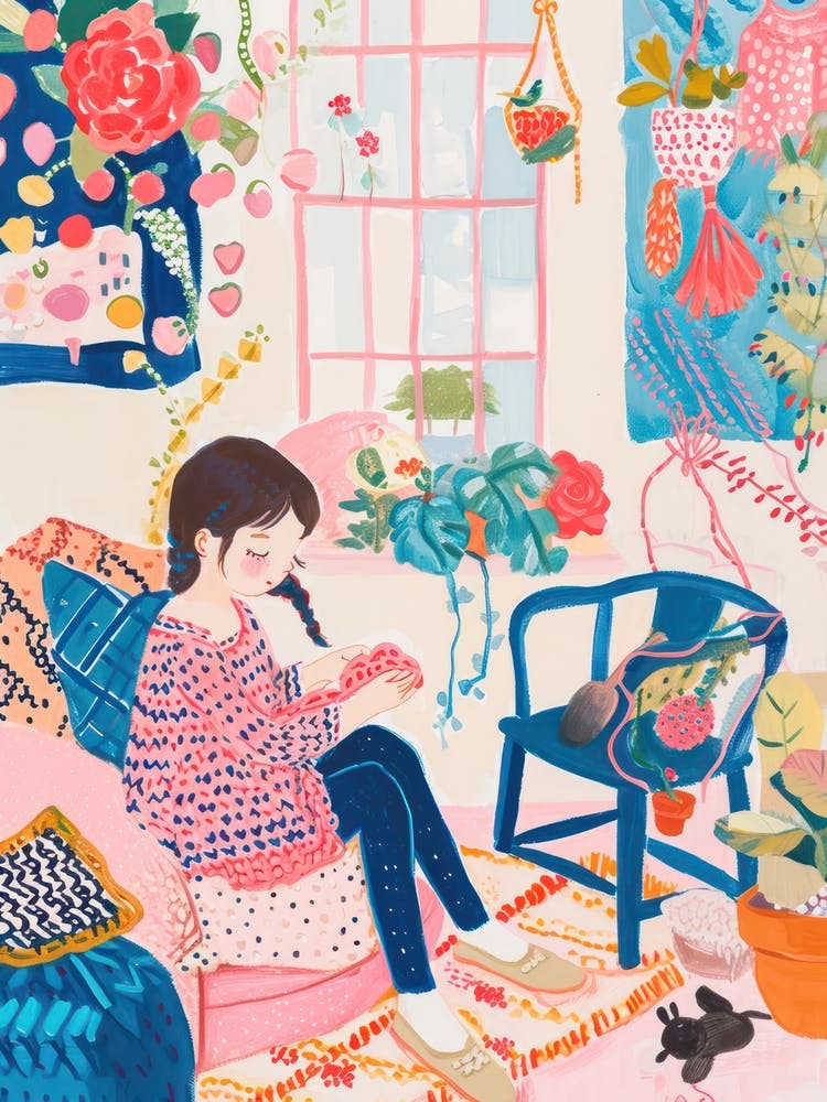 Girl Knitting Lo Fi Kawaii Illustration 1