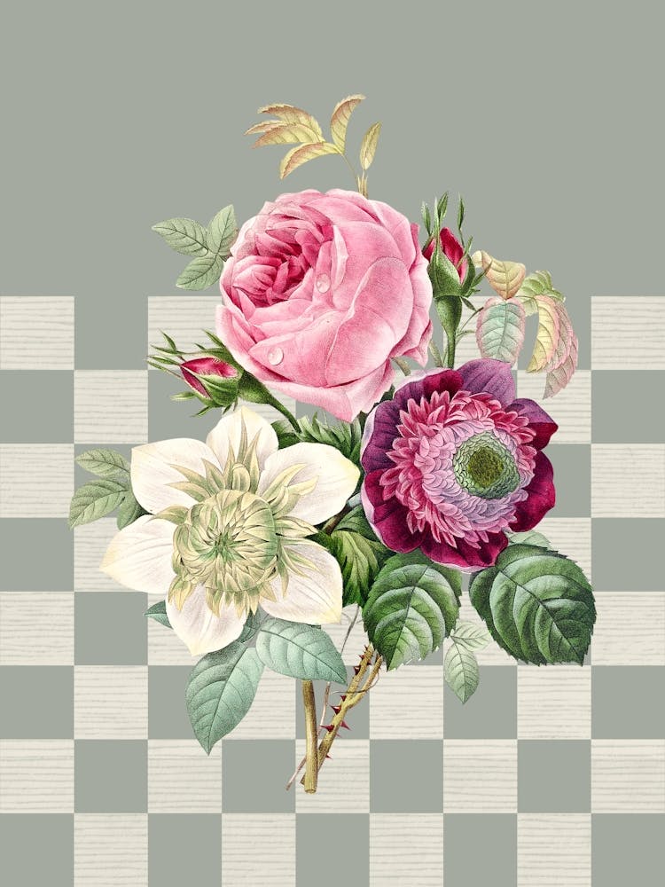 Peony, Retro Botanical in Sage green and Pink 1