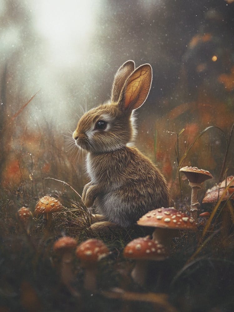 photography of a rabbit in a Whimsical woodland – soft golden light, earthy browns – cozy and enchanting nature – in the style of storybooks – ideal for nurseries, forest themed rooms, or cozy bedrooms 3