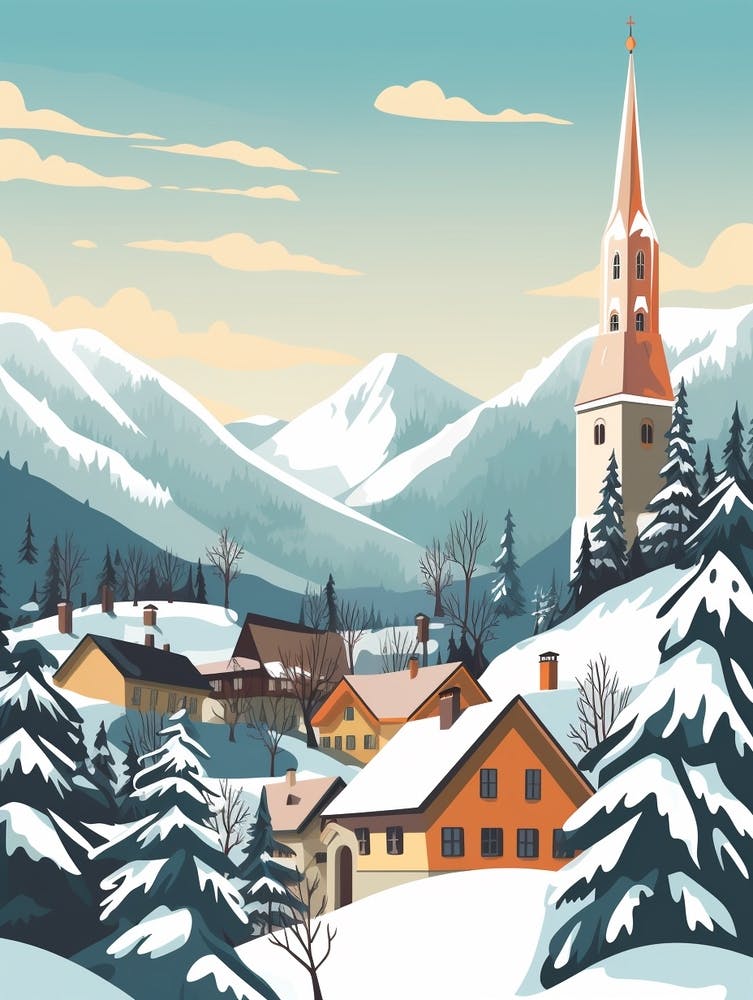 Vintage Winter Travel Illustration Bavaria Germany 1