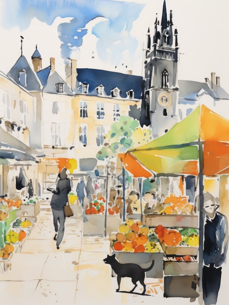 Food Market With Cats In Cambridge 2 Watercolour