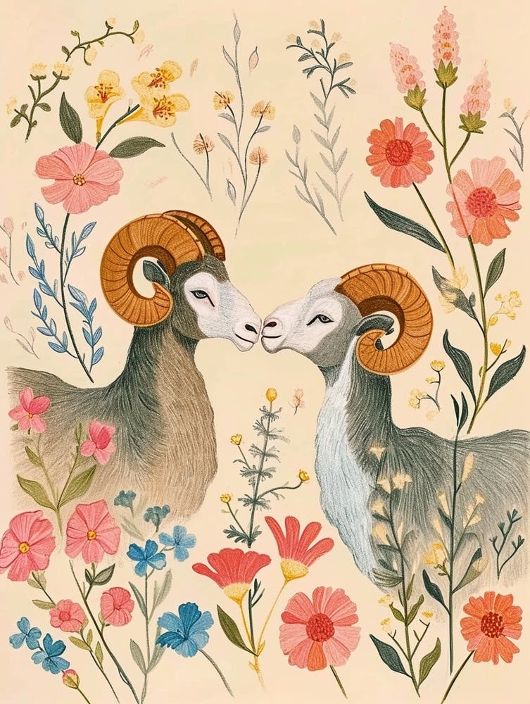Folksy Floral Animal Drawing Ram 4
