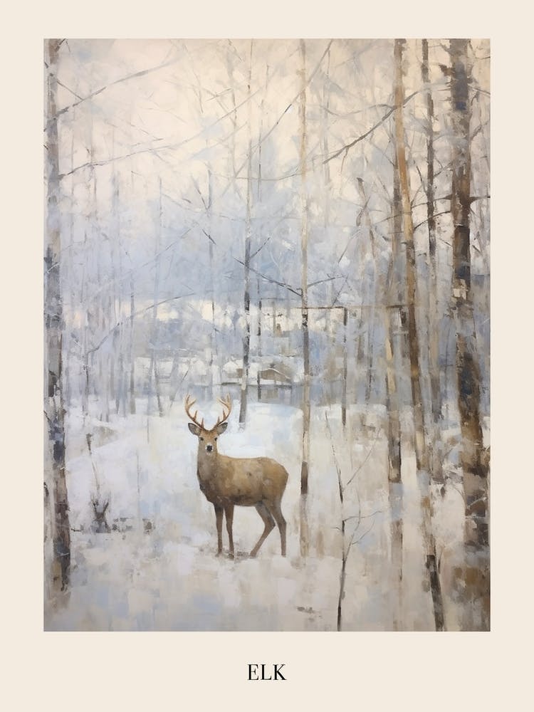 Vintage Winter Animal Painting Poster Elk