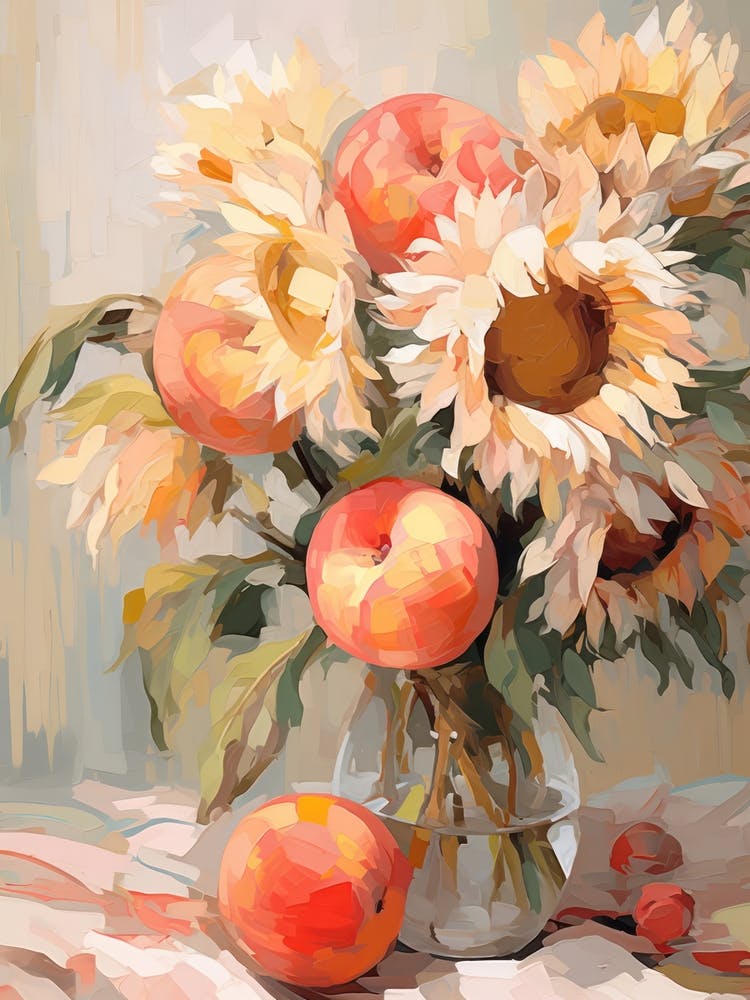 Sunflower Flower And Peaches Still Life Painting 1 Dreamy