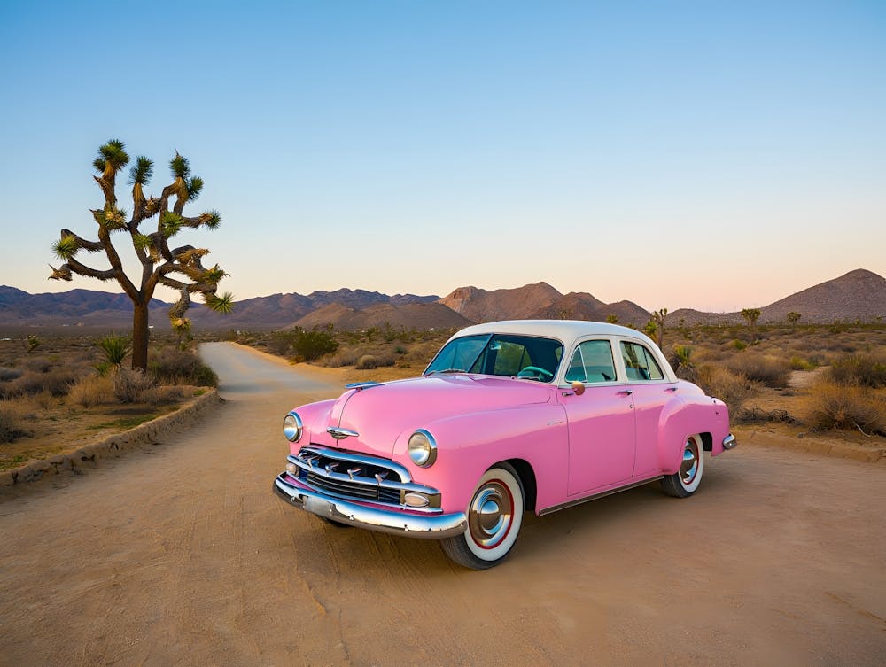 Ikonischer rosa Oldtimer-Kunstdruck - Wüsten-Roadtrip-Kunst mit Joshua Tree