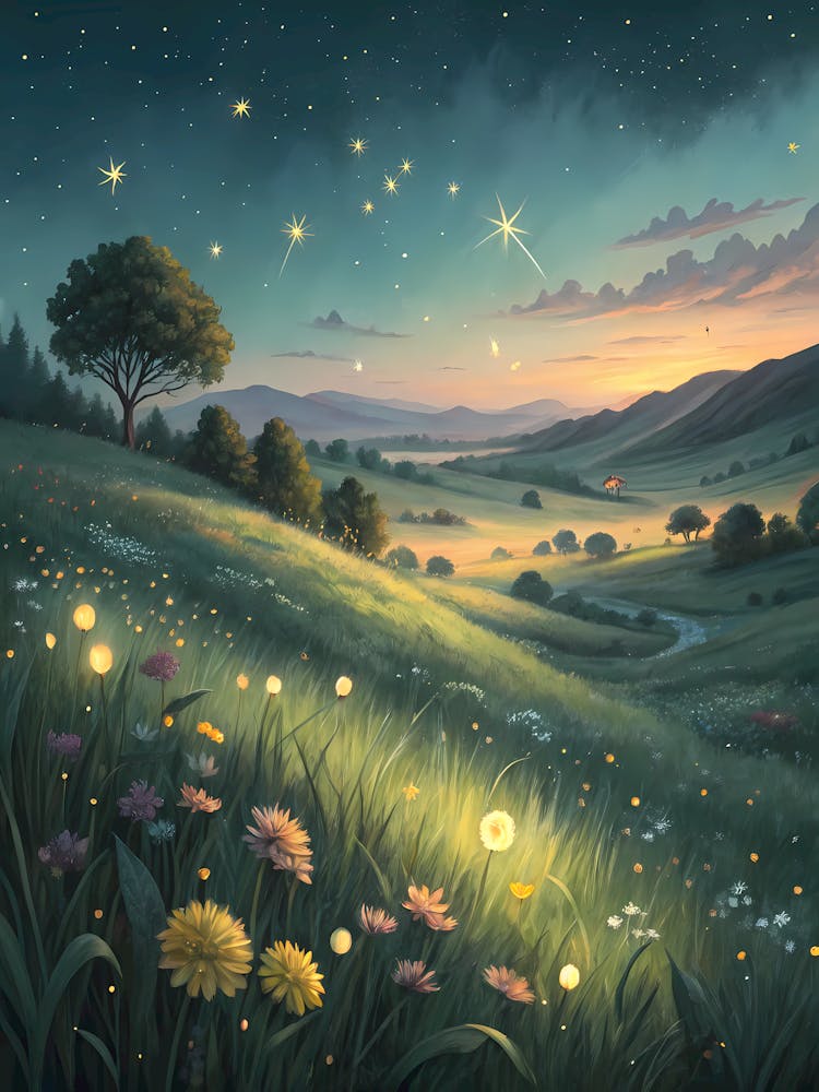 Serene Glowing Meadow Landscape Oil Painting