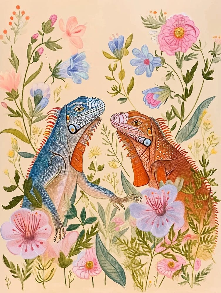Folksy Floral Animal Drawing Iguana 2