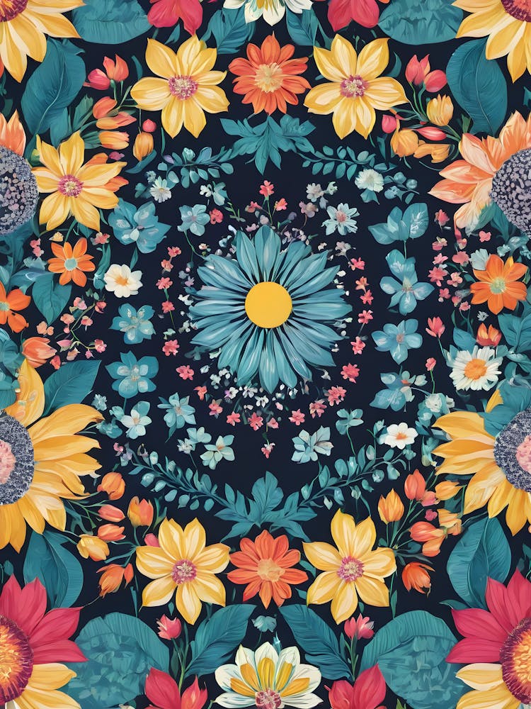 Blue Botanical Flowers and Mandala Pattern - Navy Background Like Amy Butler and William Morris Fabric Print For Lunar Pagan Gallery Feature Wall Floral Botanical Hippie Bohemian Lover HD