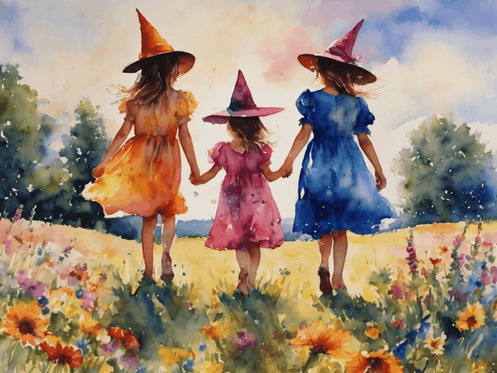 Little Summer Witches Playing in the Meadow - Colorful Watercolor Witchy Art by Lyra the Lavender Witch - Pagan Wiccan Rainbow Fairytale Artwork Print for Gallery Wall Flowers Sunshine Summer Solstice Litha HD