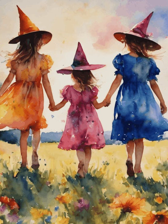 Little Summer Witches Playing in the Meadow - Colorful Watercolor Witchy Art by Lyra the Lavender Witch - Pagan Wiccan Rainbow Fairytale Artwork Print for Gallery Wall Flowers Sunshine Summer Solstice Litha HD
