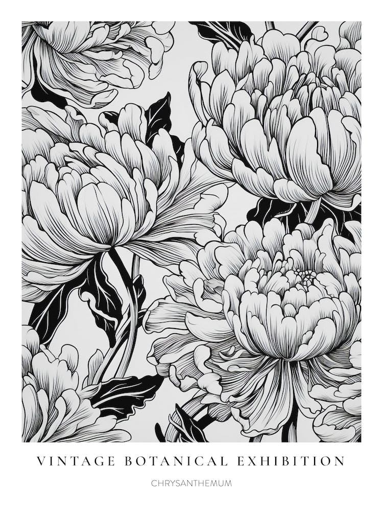 Chrysanthemum B&W Vintage Botanical Poster