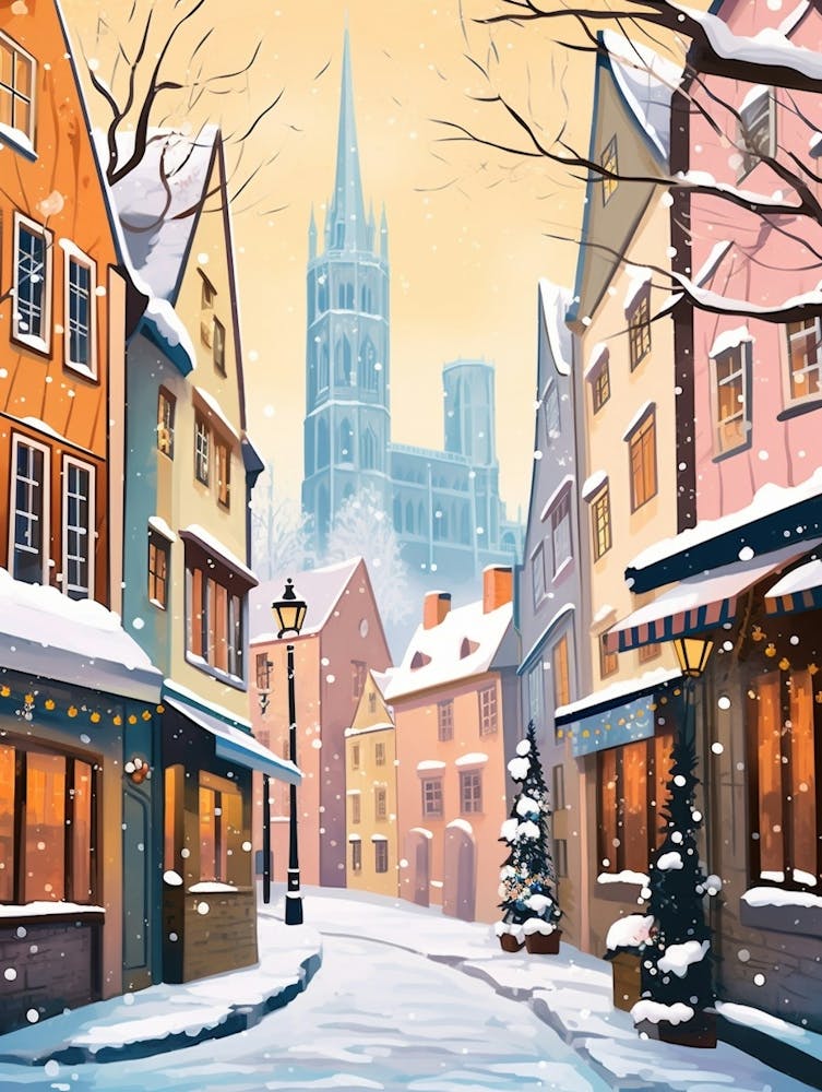 Vintage Winter Travel Illustration Cologne France 2
