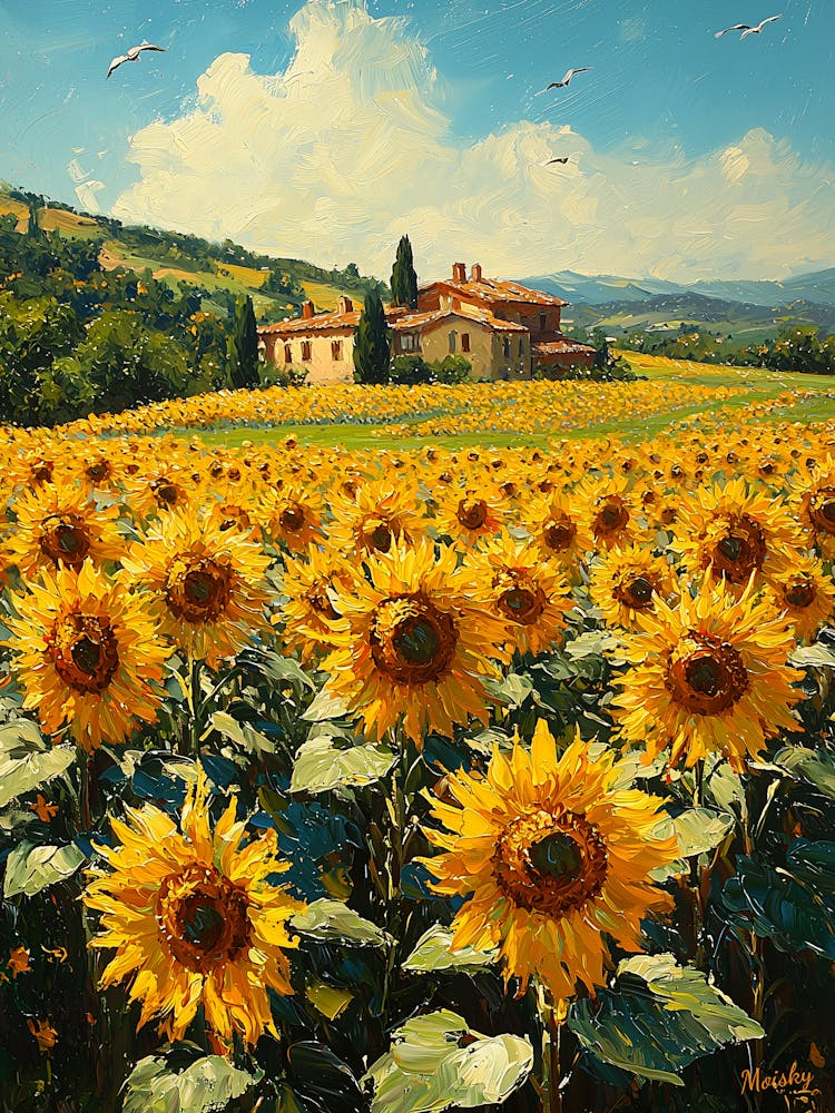 Sunflowers In Tuscany, Impressionist Oil Painting – Inspired by Renoir